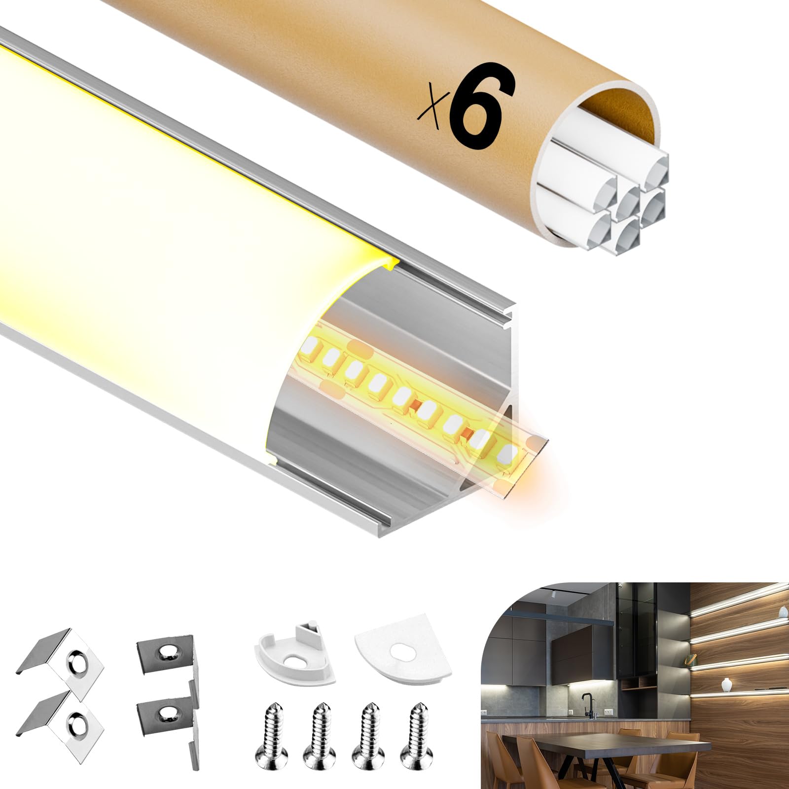 Profilé Aluminium LED 6 x 2m, Profile Led V-Forme 15.8 x 15.8mm, Profilés en Aluminium pour Bandes Led, Diffuseur avec Couvercle Blanc Crème, Convient aux Bandes Jusqu'à 10 mm (V-12M)