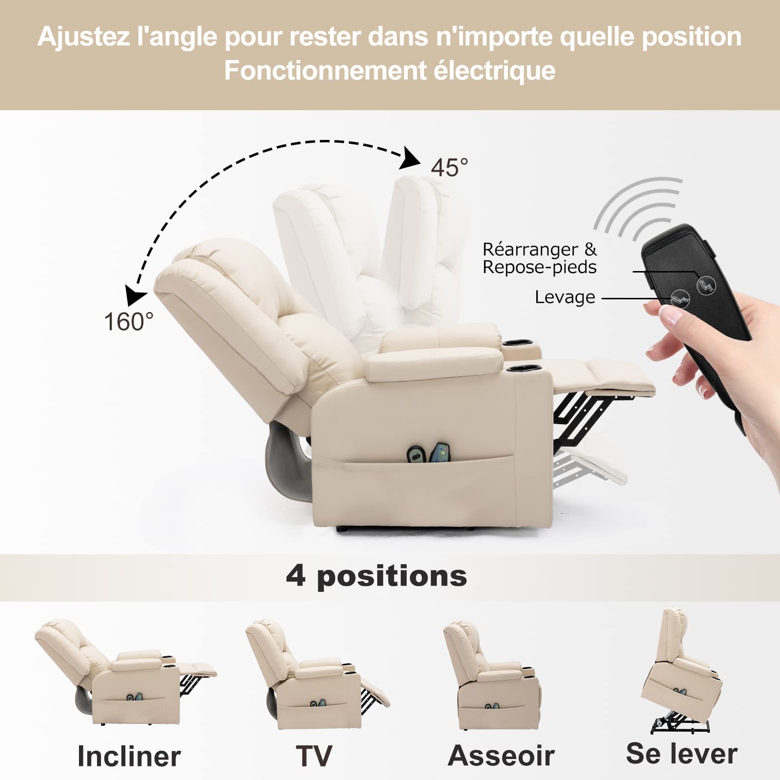 COMHOMA Fauteuil Électrique Relax Massage et Relaxation Aide à Debout - Dossier Réglable, Pédales Rétractables, 2 Porte-gobelets - Beige/Blanc pour Personnes Âgées