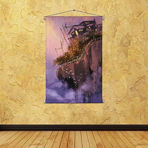 Image of ArtzFolio Fantasy Scenery With Floating Islands Canvas Fabric Painting Tapestry | Scroll Art Hanging 28.3 x 40 inch (72 x 102 cms)