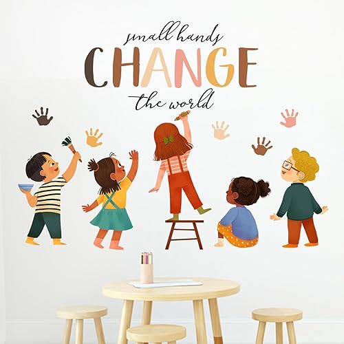 Mfault Calcomanías de pared con texto en inglés «Small Hands Change The World» para pared, cita inspiradora, diversidad, impresión de mano,