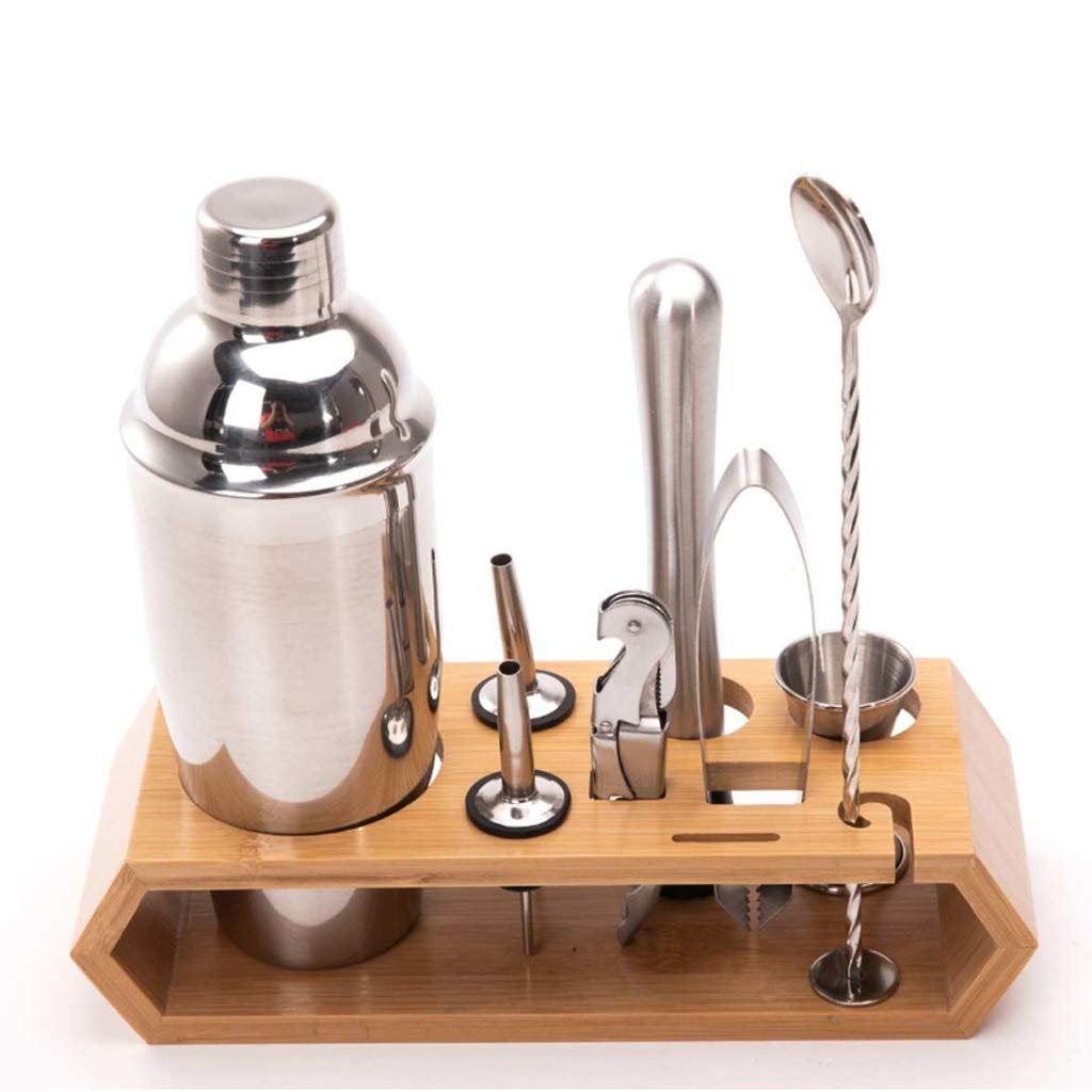 Kit de cóctel ordenado con soporte de madera para evitar el desorden de utensilios en tus eventos