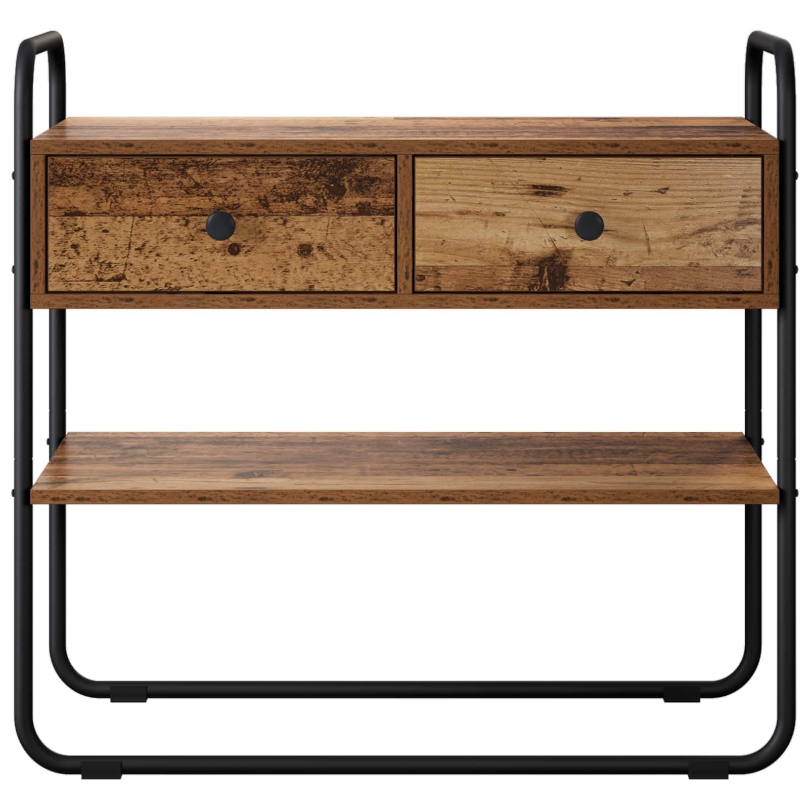 Stolik konsolowy z drewna starego drewna 100 x 40 x 75 cm, materiał drewnopochodny z półką i szufladami, stabilny stelaż z ocynkowanej stali, idealny jako stół do korytarza, stolik ścienny