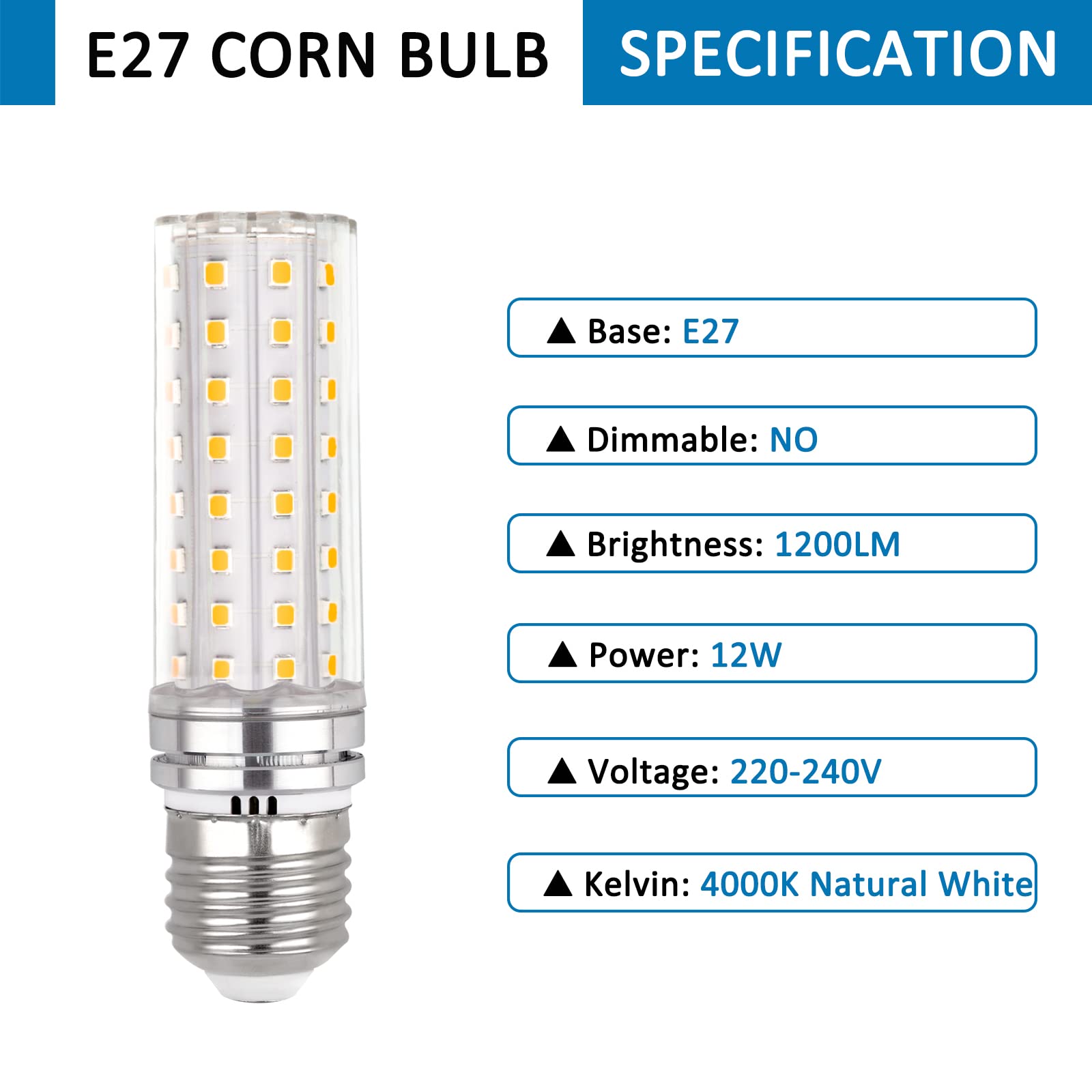 Lampadina Mais E27 LED 12W, 220-240V, Non Dimmerabile, 1200LM Bianco Neutro 4000K, Equivalente 100W Incandescenza, Lampadina LED E27 Mais per Lampadario, Lampada da Tavolo, Lampada da Parete, 6 Pezzi