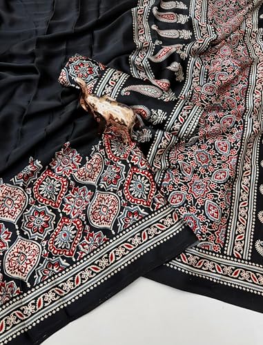 Image of SATIKA VASTRAM Modal Silk Ajrakh Saree Bandhani Design Crepe Printed Designer Pallu Attach Blouse Piece