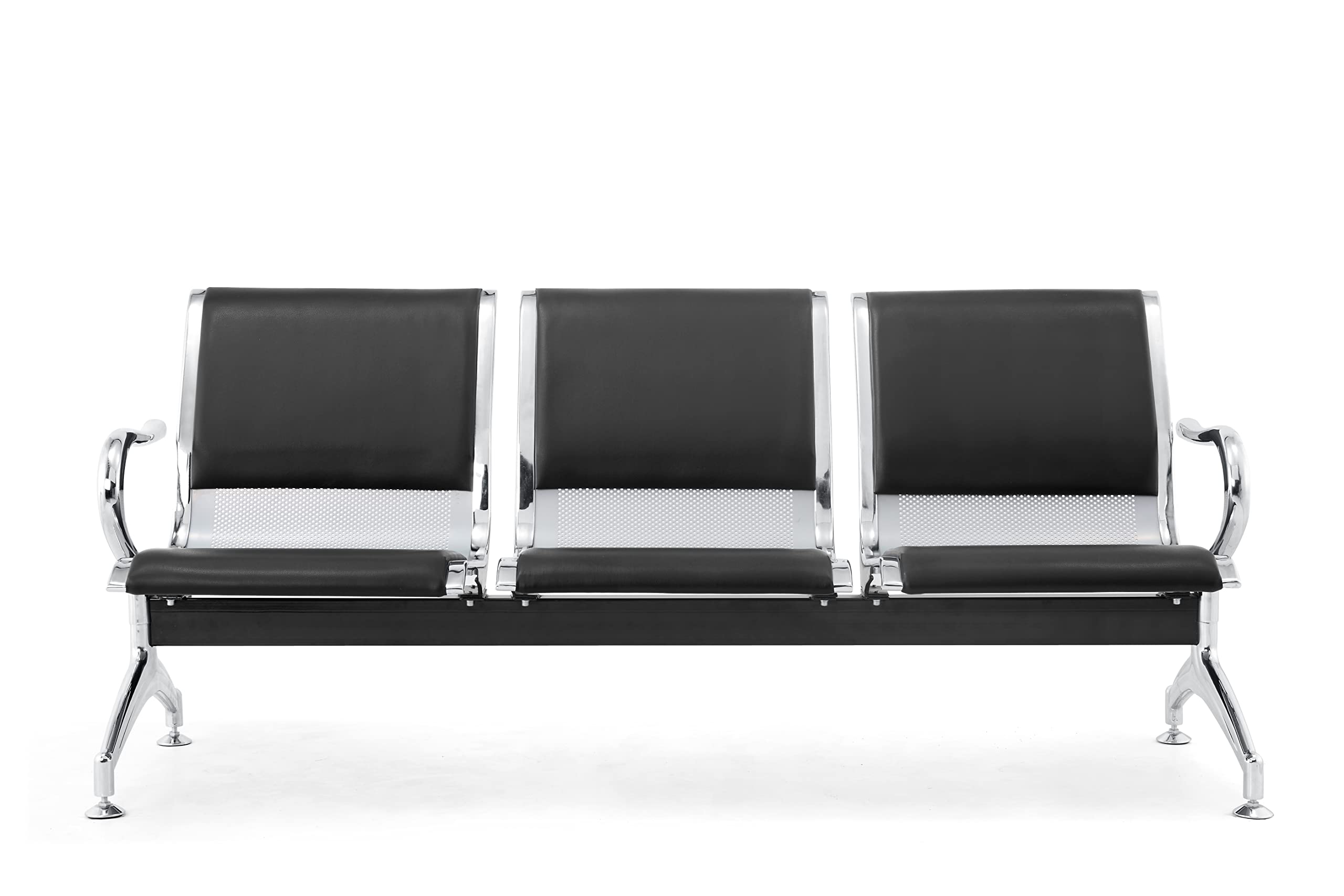 Banc 3 places acier 183x71x78H argenté pour salle d'attente | Avec coussin pour siège et dossier NOIR | Banc avec accoudoirs