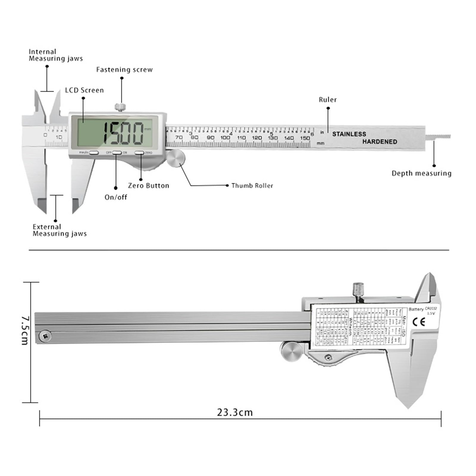 Suwmiarka cyfrowa, Elektroniczne suwmiarki cyfrowe ze stali nierdzewnej o wysokiej precyzji Narzędzie pomiarowe 150 mm / 200 mm / 300 mm z dużym ekranem LCD(300MM)
