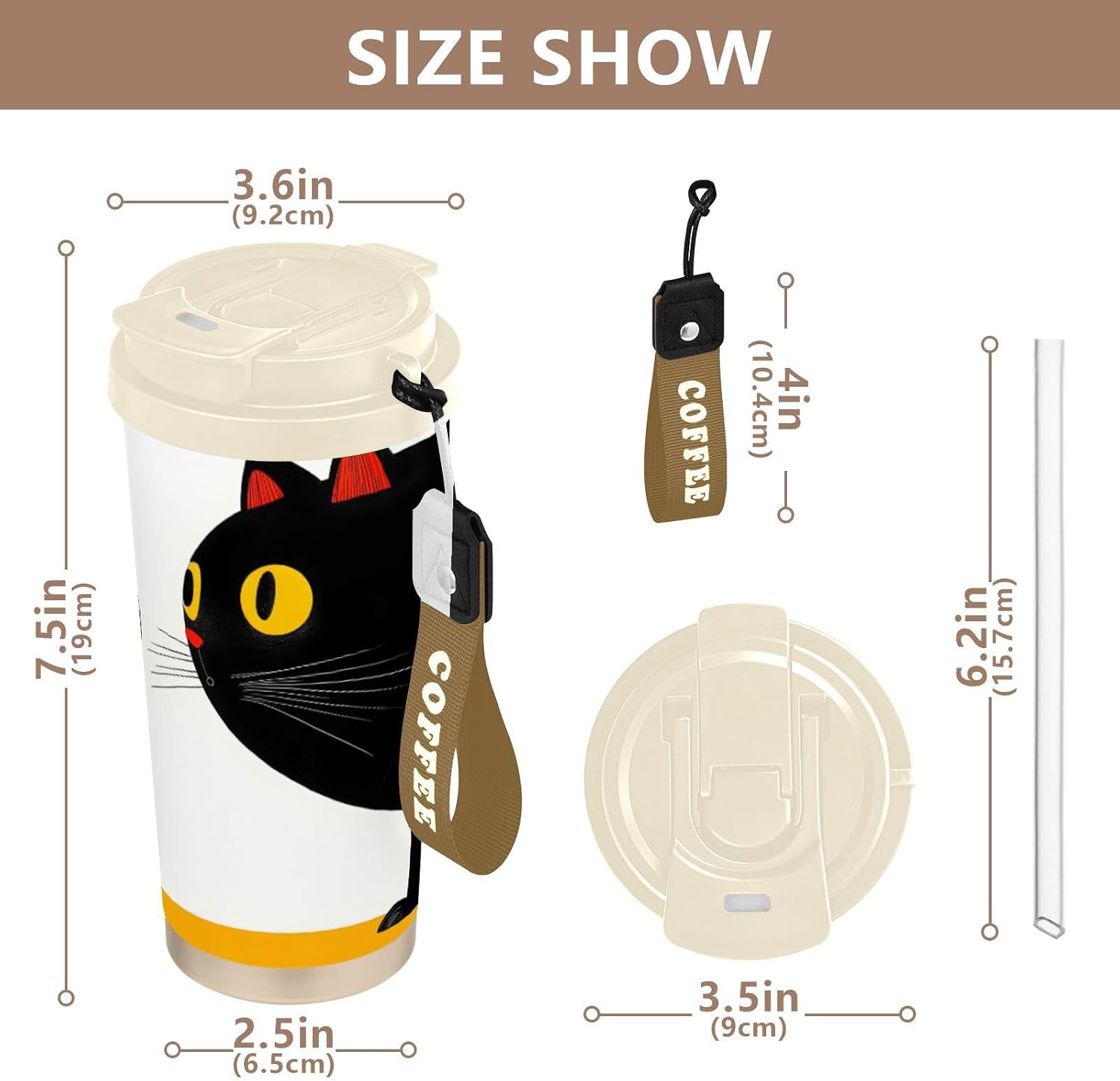Cat Cute Black Insulated Coffee Mug with Straw & Flip Lid, 16.9oz Iced Tumbler Cup, Double Wall Vacuum Mug for Travel Office