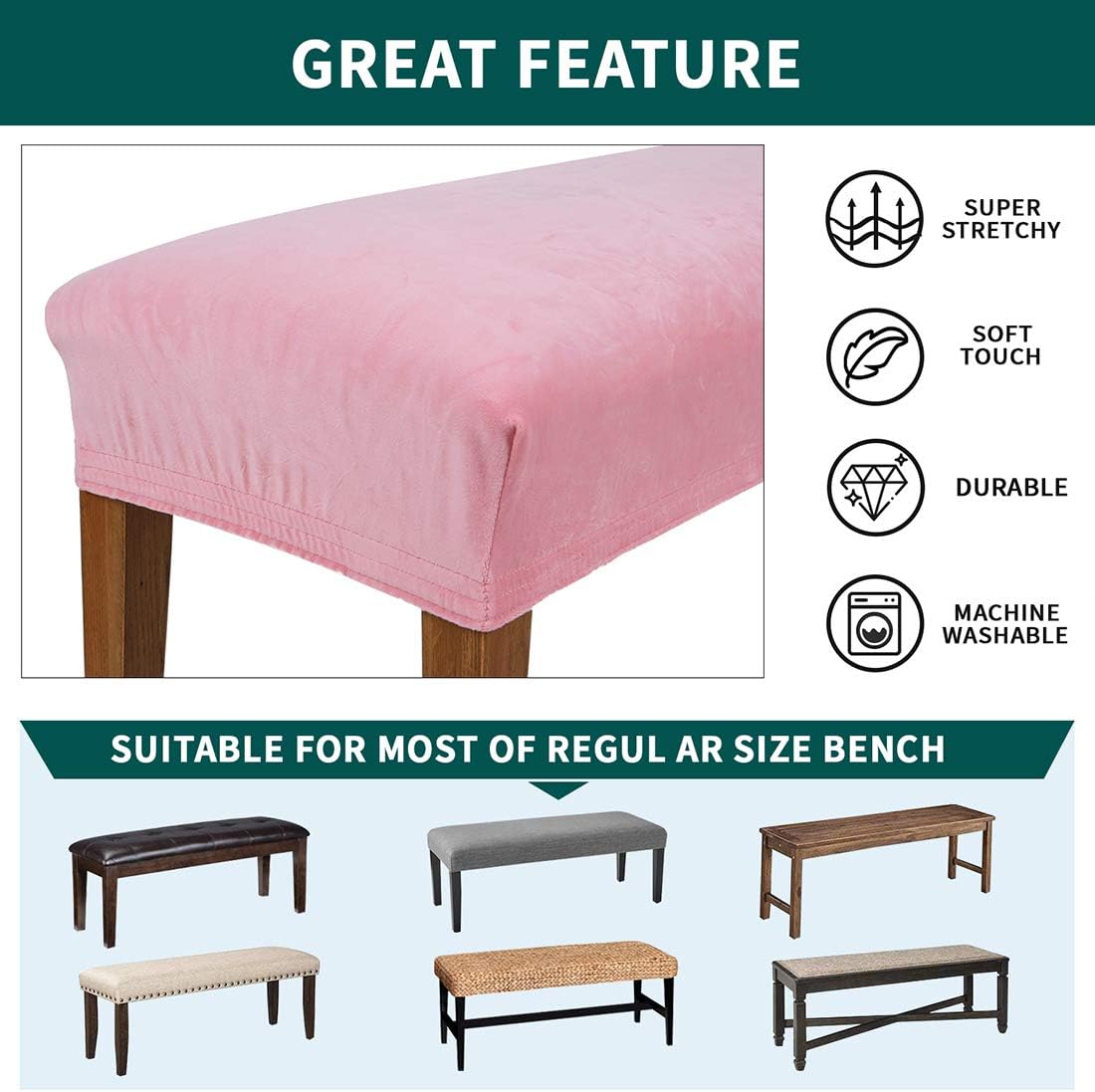 smiry Velvet Dining Room Bench Covers - Soft Stretch Spandex Upholstered Bench Slipcover Removable Washable Bench Seat Protector for Living Room, Kitchen, Bedroom (Pink)