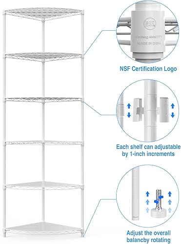 Miniatura 3 de Estantería de alambre de esquina de metal NSF de 6 niveles, capacidad de 420 libras, ajustable, con patas niveladoras y revestimientos de estantes,