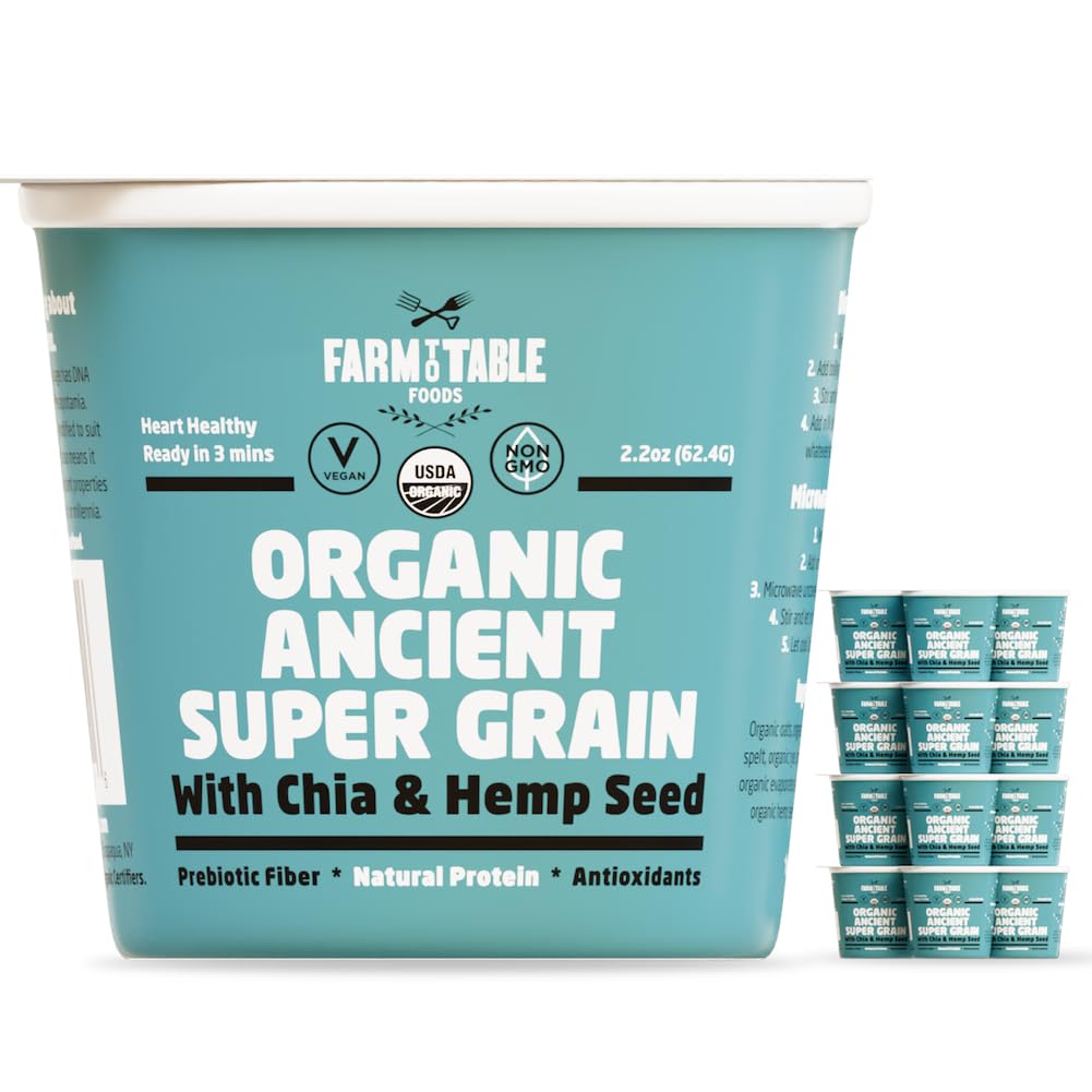 Farm to Table Foods Organic Ancient Super Grain Oatmeal Individual Serving Cups, With Chia and Hemp Seed - High Protein, Non-GMO, 12 Pack (2.2 oz. Cups)
