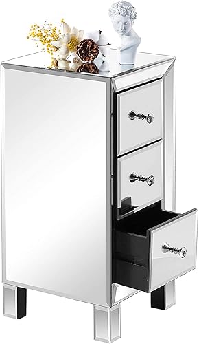 Miniatura 15 de Bonnlo Mesita de noche con espejo de 3 cajones para dormitorio, sala de estar, plata, 11.7 pulgadas de largo x 11.8 pulgadas de ancho x 23.8