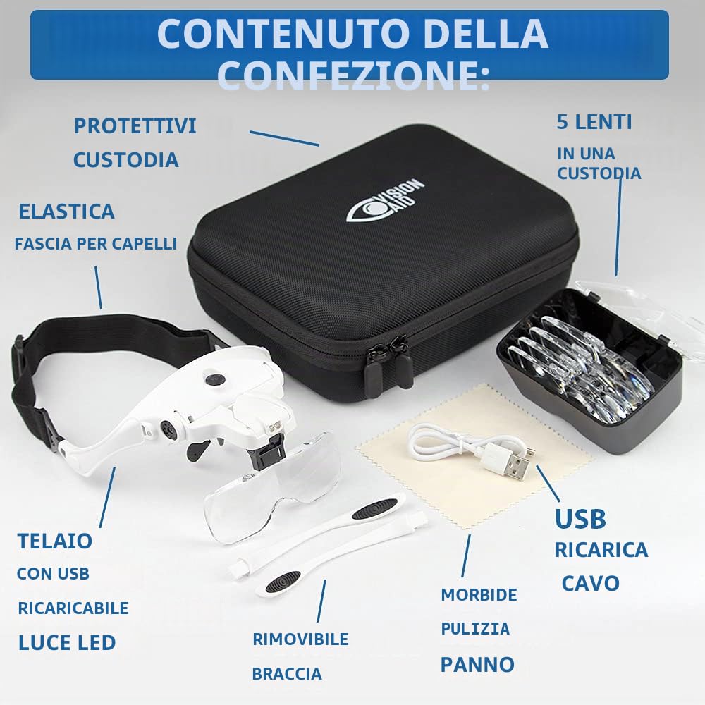 VISION AID Lenti d'Ingrandimento con Luce LED 5 Lenti Archetto Custodia Lente d'ingrandimento illuminata a mani libere per artigianato hobby Ricamo Pittura Miniatura Modellismo lavori di precisione