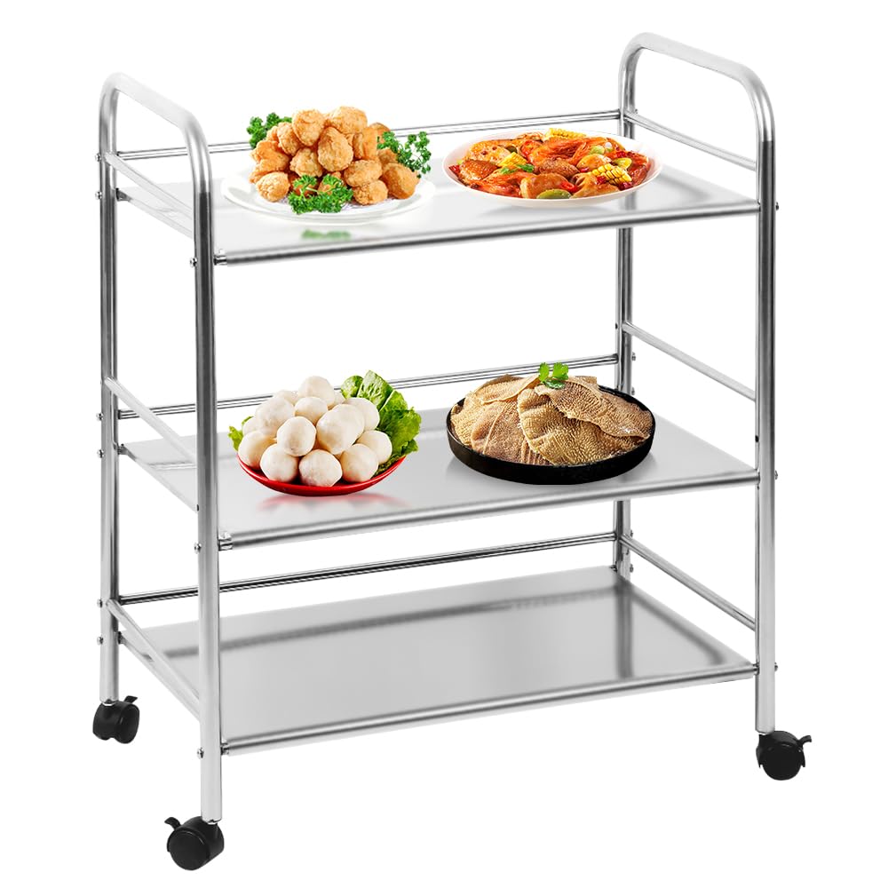 homewell Carrello da portata in acciaio inox, con 3 livelli, capacità 75 kg, carrello in acciaio inox, con ruote, carrello da cucina, ristorante, carrello da servizio