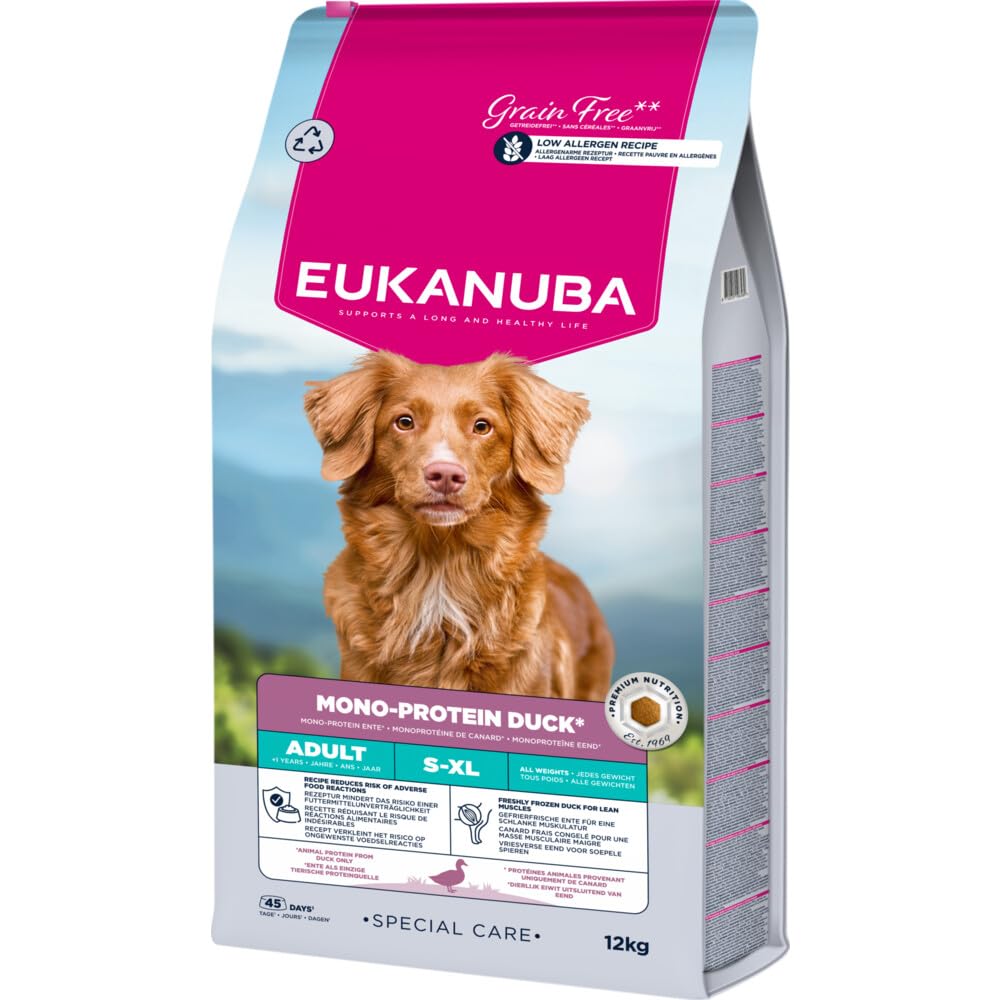Eukanuba Mono-Protein Kaczka karma dla psów – Special Care sucha karma tylko z kaczką jako białko zwierzęce, receptura o niskiej alergenach, 12 kg