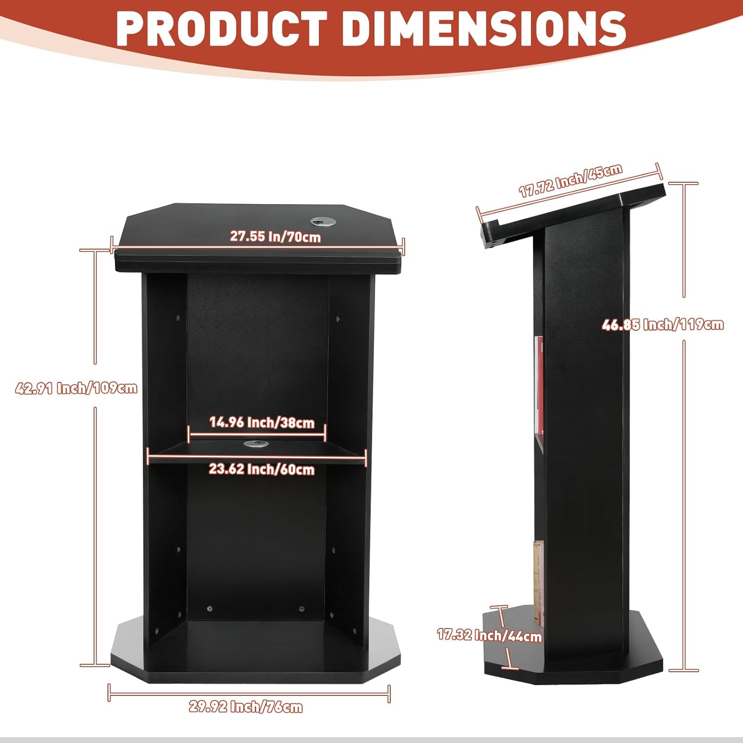 49" Wood Podium Stand withLarge 2-Tier Shelve, Wooden Lectern with Reserved Wire Hole, Wooden Standing Pulpit with Reading Platfor for Church Office School Home Conference Restaurant Meeting
