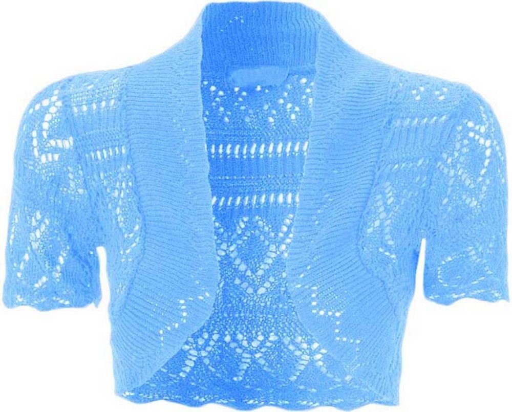 Women's New Crochet Front Open Short Sleeve Knitted Bolero Cropped Cardigan Shrug (UK 16-18) Sky Blue