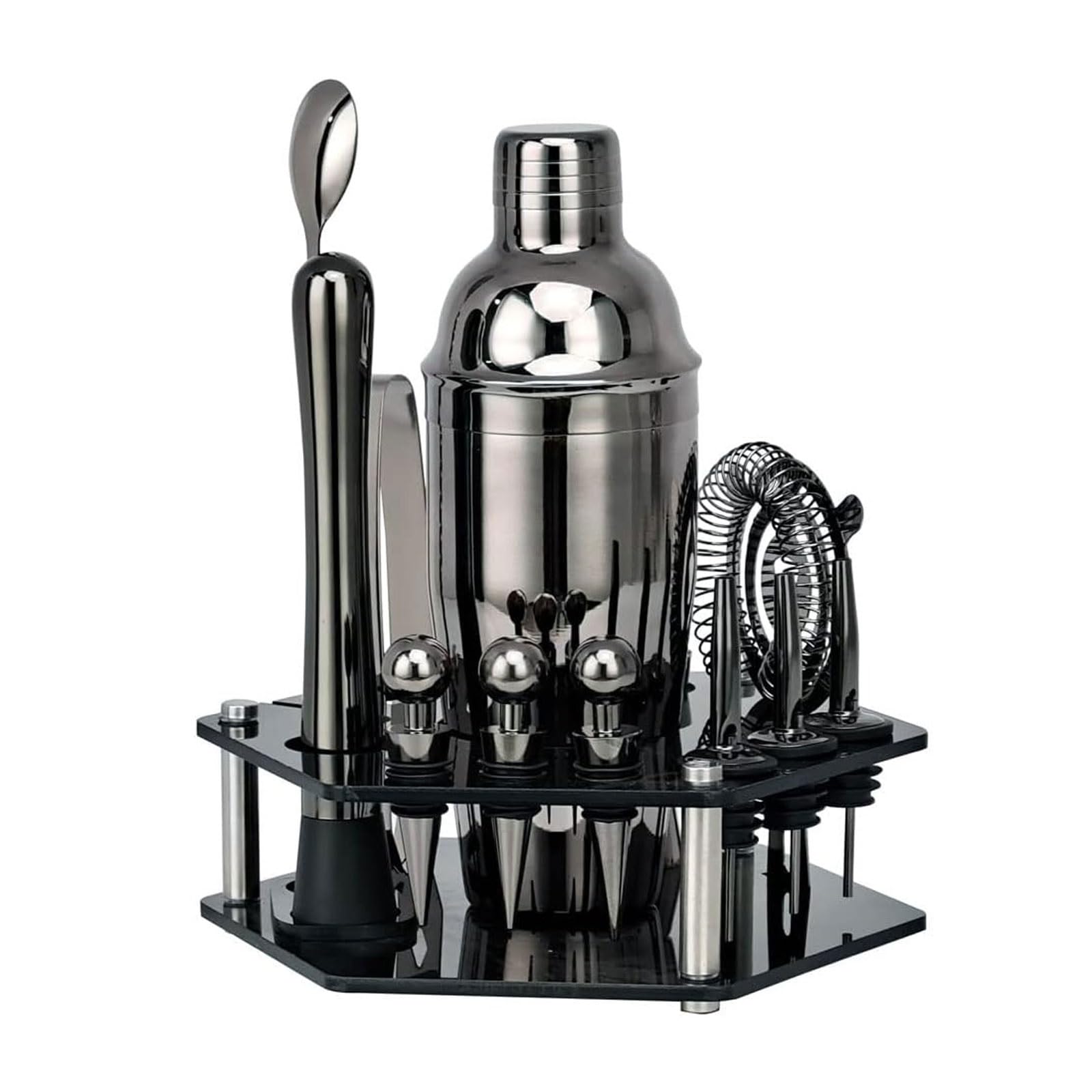 14-teiliges Cocktail-Shaker-Set aus Edelstahl mit Aufbewahrungsregal, Barmixer-Getränkeset for den privaten und professionellen Gebrauch