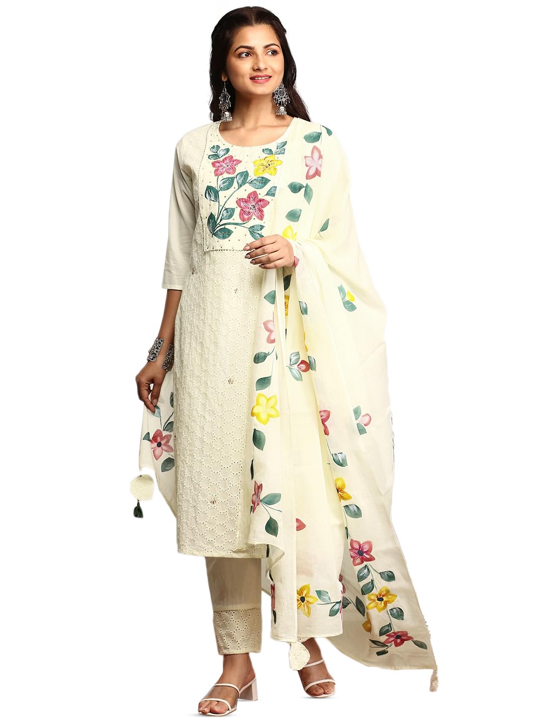ishin Women Off White Cotton Kurta set with Dupatta-picture-18