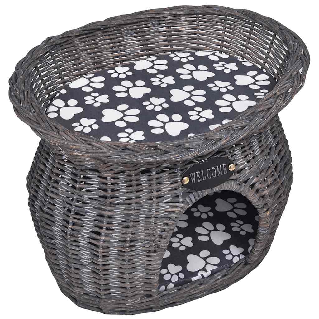 Cuccia per gatti in vimini con morbido cuscino, grigio, 44 x 33 x 34 cm, posto per dormire e rifugio, per gatti, gattini, cuccioli, facile da pulire, traspirante, accogliente, antiscivolo