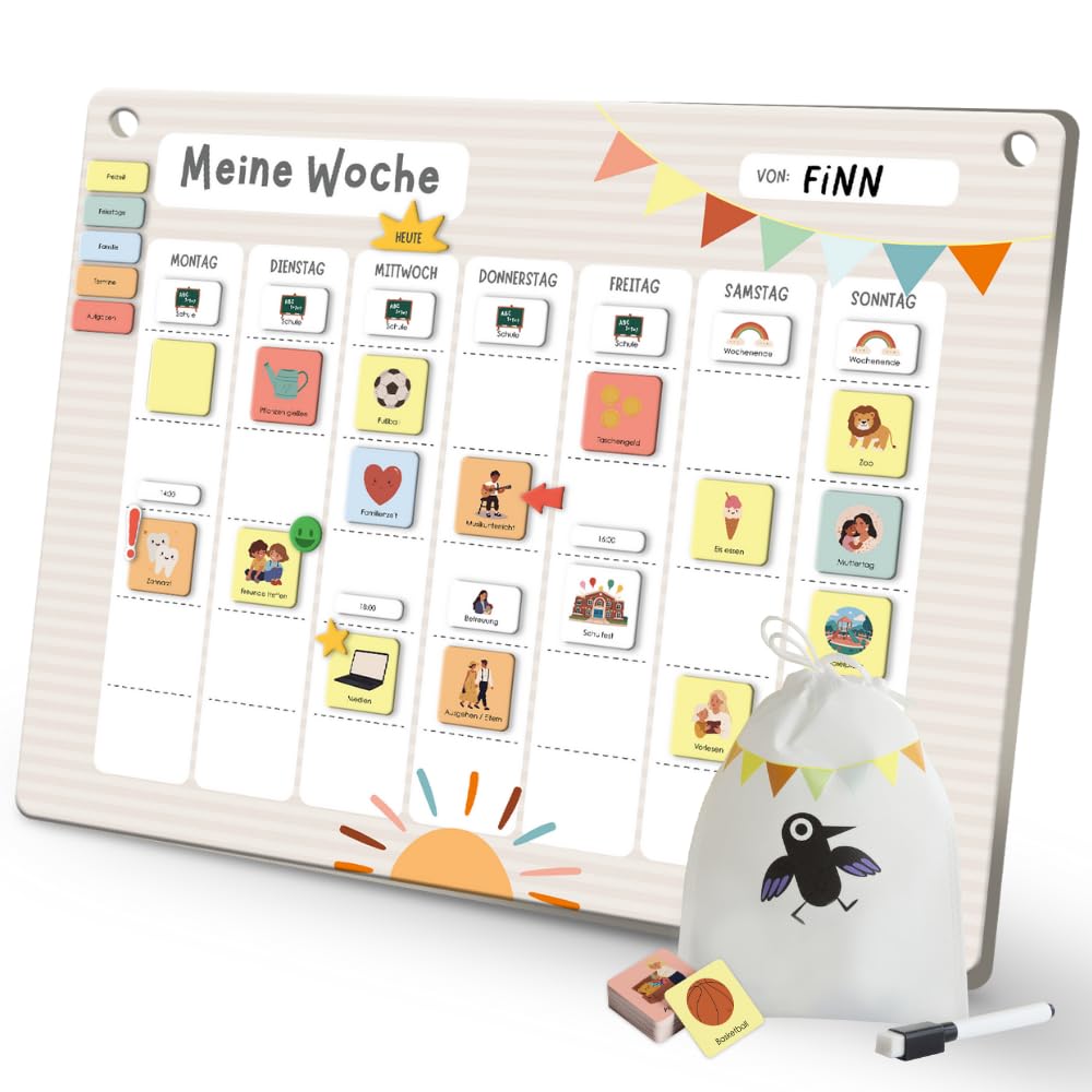 Rabano Art Wochenplaner für Kinder - [200 Magnete - ABWISCHBAR] - ADHS Hilfsmittel, System für Verantwortung und Selbständigkeit, Routine Montessori Magnettafel zur Wochenplanung