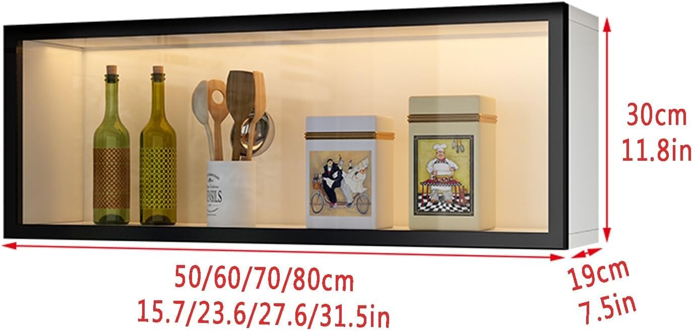 Kitchen Wall Mounted Glass Display Cabinet,Gray/White Pantry Storage Cabinet with Doors,Storage Shelves for Bathroom with Light,Hanging Cabinet Drill-Free (Size:80 * 19 * 30cm/3