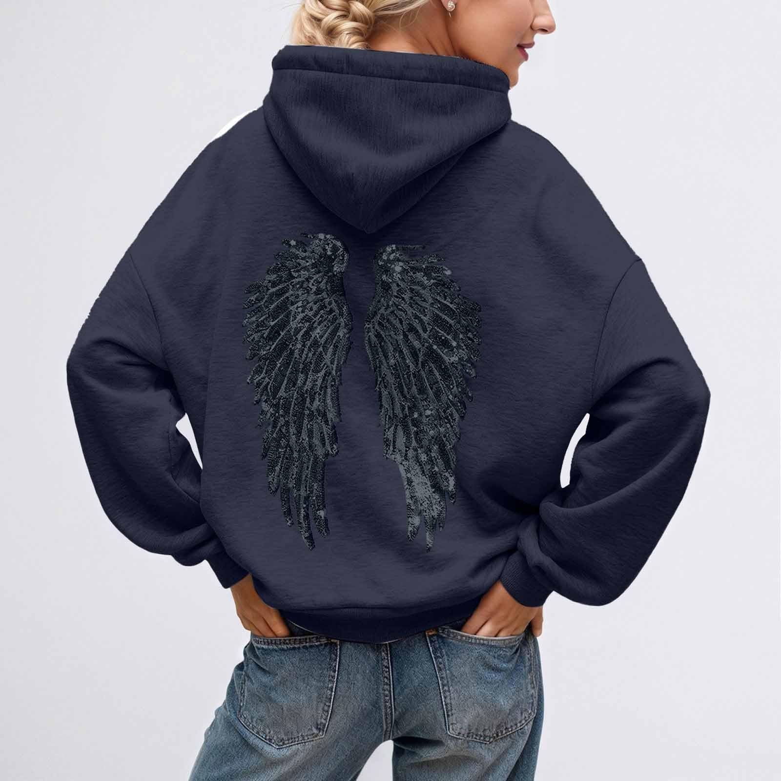 Angel Hoodie Sweat a Capuche Femme avec Ailes d'ange en Strass et Poches Pull Ange Casual Longue Hoodie Femme Automne et Hiver Sweatshirt Chaud Streetwear Sweat Sport Vêtements