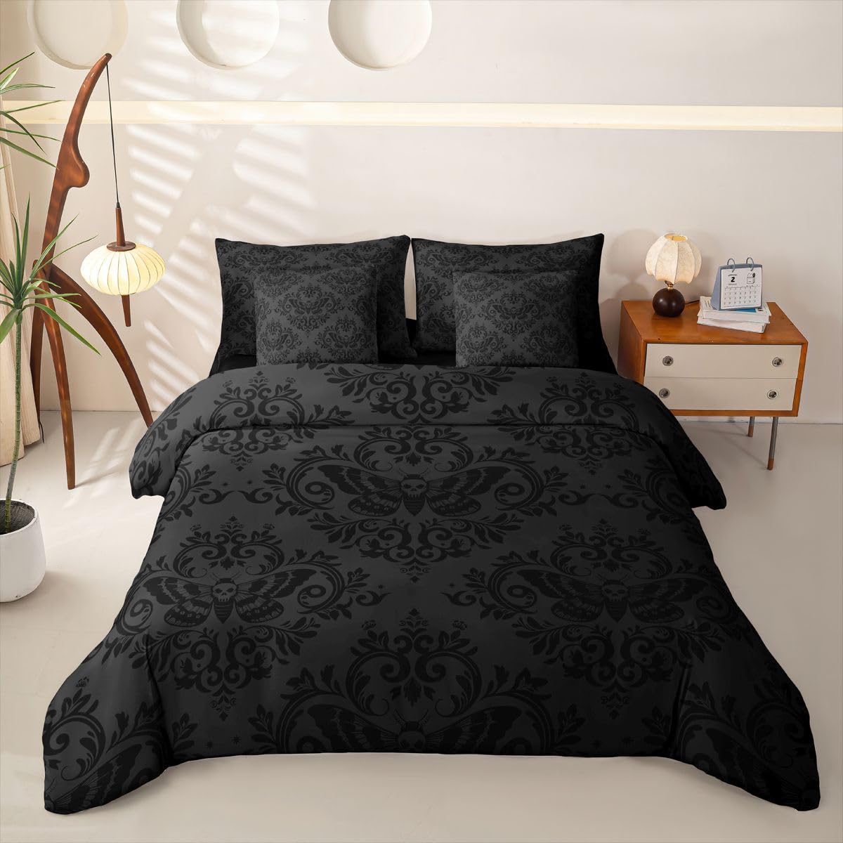 Loussiesd CorlBlack - Juego de funda de edredón con sábanas, 7 piezas, tamaño Super King, juego de ropa de cama jacquard en una bolsa, para niños y niñas, damasco negro, decoración de dormitorio