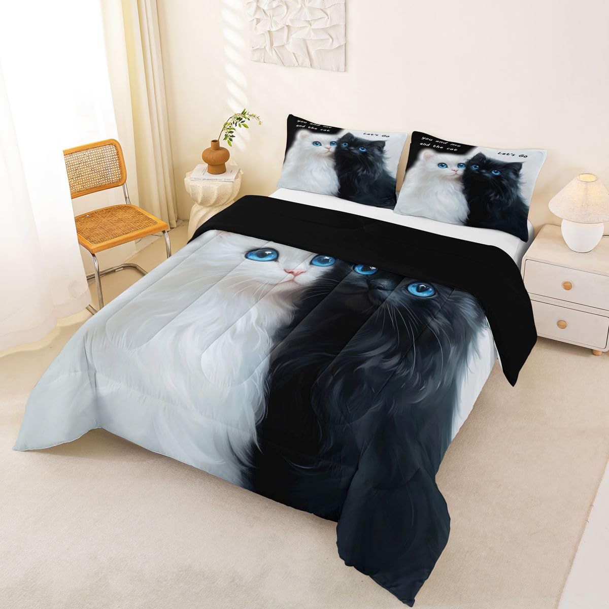 Homewish Nero Bianco Gatti Singolo Coverless Set Copripiumino Poliestere | Set di biancheria da letto con copripiumino e 1 federa per gli amanti degli animali domestici, con occhi azzurri