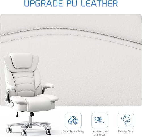 Miniatura 8 de GYI Silla de oficina grande y alta, asiento ancho de 400 libras, silla ergonómica de cuero con respaldo alto y brazos abatibles, color blanco