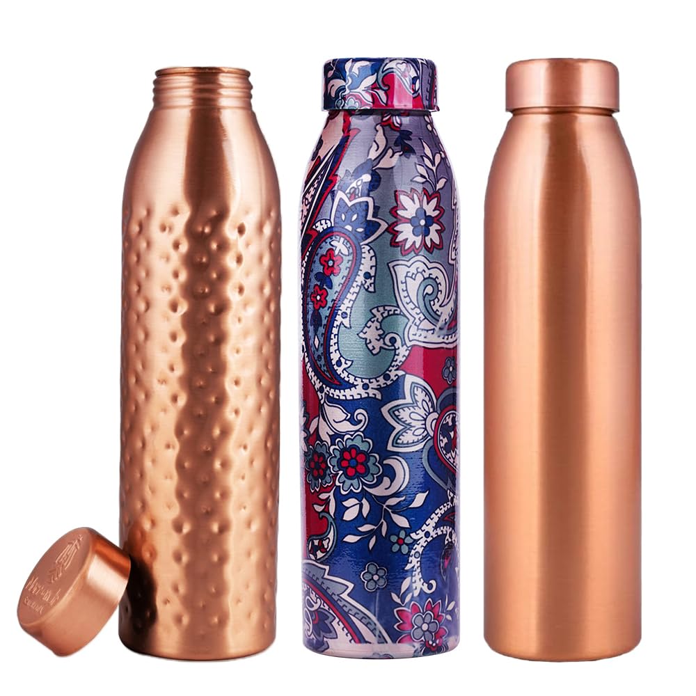 Norman Jr 3 Pieces, Plain 1, Hammered 1, Print Blue 1 – 1 Liter Copper Water Bottle 1L - Gift Box Of 3, Plain 1, Hammered 1, Printed Blue 1, An Ayurvedic Vessel Made Of Pure Copper - Helps You Drink More Water With Many Health Benefits