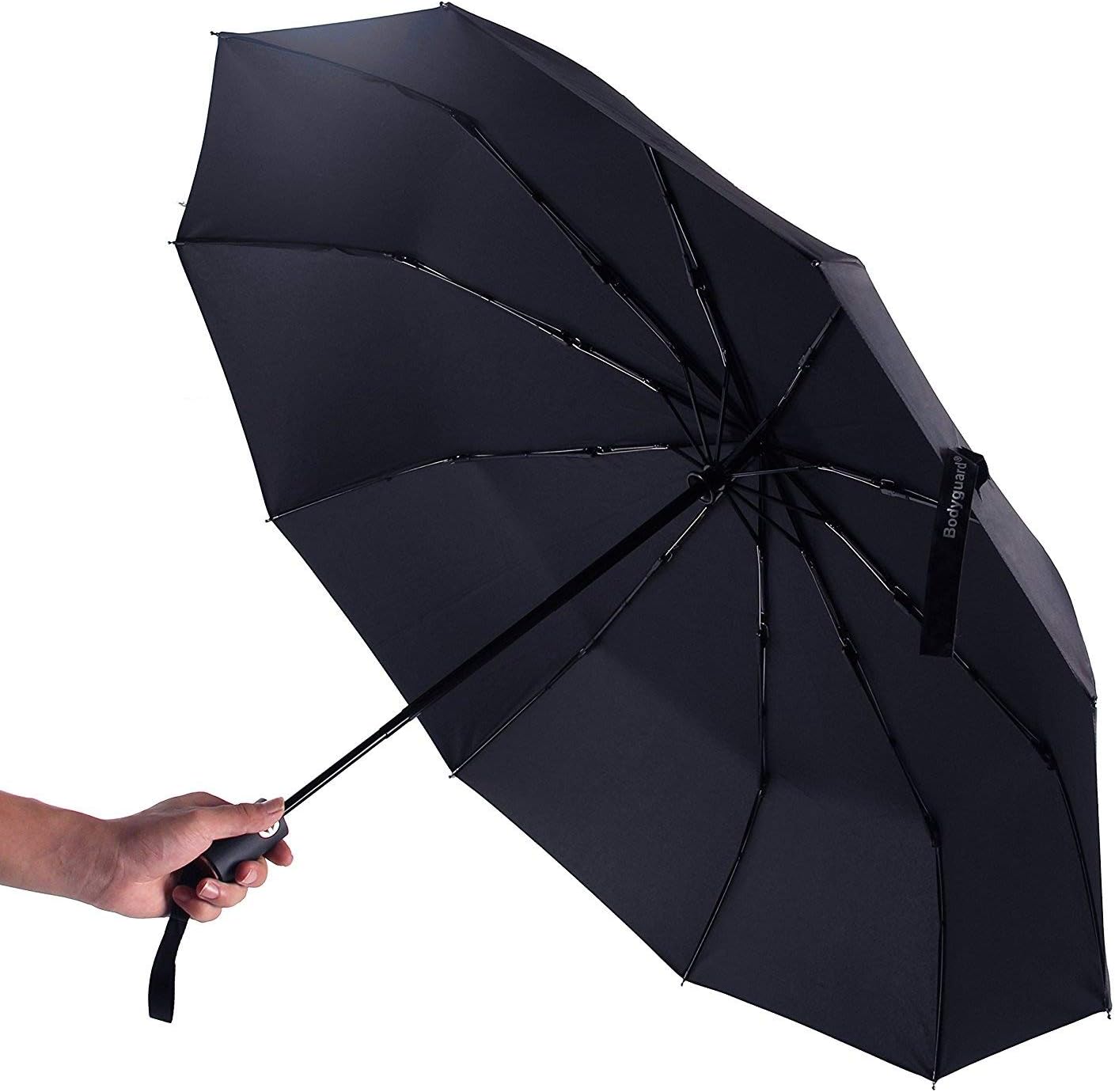 Bodyguard Innovation 10 Fibreglass Ribs Travel Umbrella - Dupont Teflon 210T Finest Waterproof Fabric,Auto Open and Close,Ultra Comfort Handle- Gift Box (Black)
