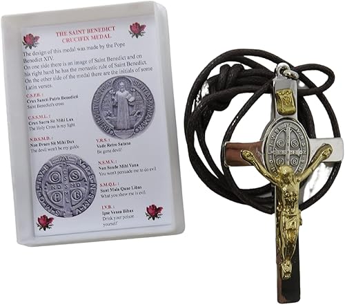 Miniatura 5 de Colgante de crucifijo de San Benito en tono plateado y dorado con cordón marrón, collar católico para hombre, 3 pulgadas, Zinc, no conocido