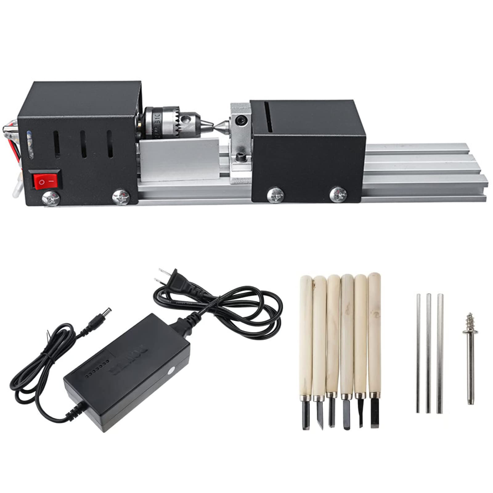 Mini Torno DC 12V 24V 96W Máquina de Torno de Madera Mini Torno de Madera Fresadora DIY Cuentas Pulidora Taladro Rotativo para Mesa Herramienta de Carpintería Torno Conjunto Estándar Accesorios