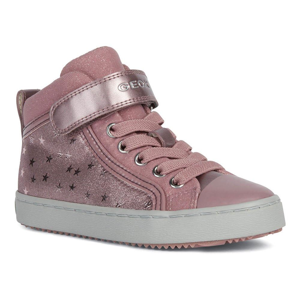 Primer plano de las zapatillas Geox J Kalispera Girl I mostrando su diseño lateral y sistema de cierre de velcro y cordones elásticos.