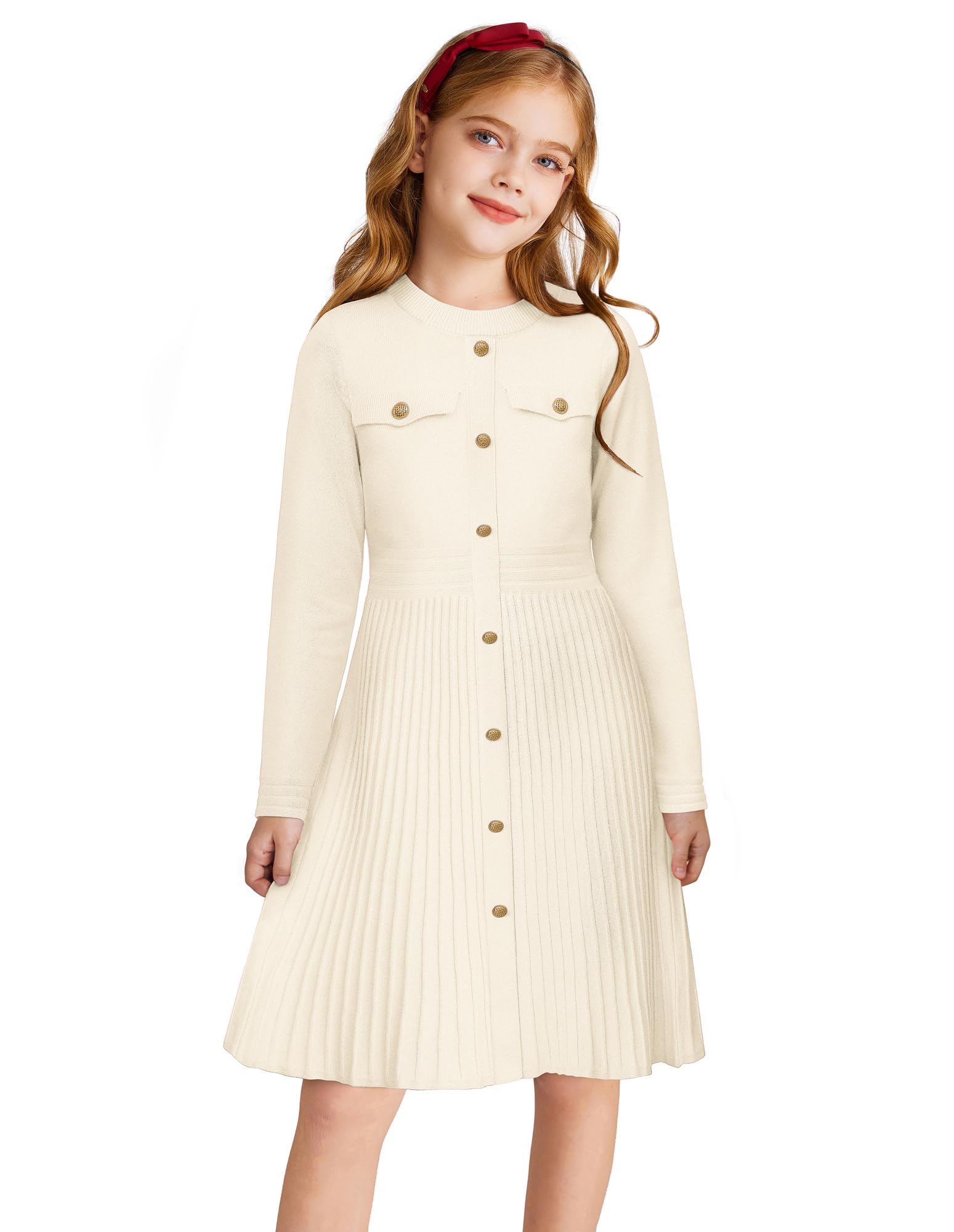 GRACE KARIN Mädchen Langarm Strickkleid Kinder Herbst Winter Prinzessin A-Linie Schule Pulloverkleid Festlich Weihnachtskleid