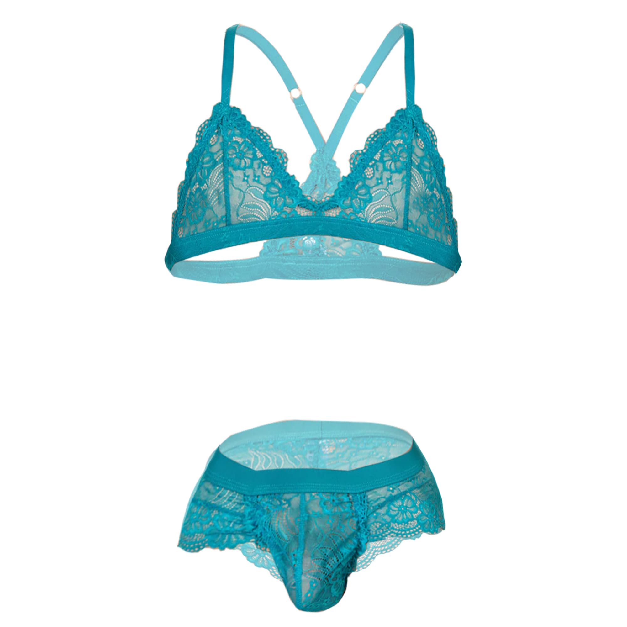 Mens Floral Lace Bralette and Panty Crossdresser Lingerie Set, Turquoise Blue, Cross-Back Design (Light Blue, Medium)-image-9