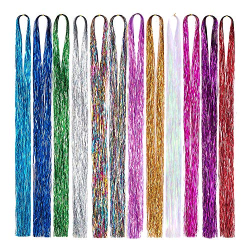 Extensiones de oropel para el pelo, brillantes y con purpurina. Aptas para mujeres y niñas (12 colores, 96,52 cm) Cover