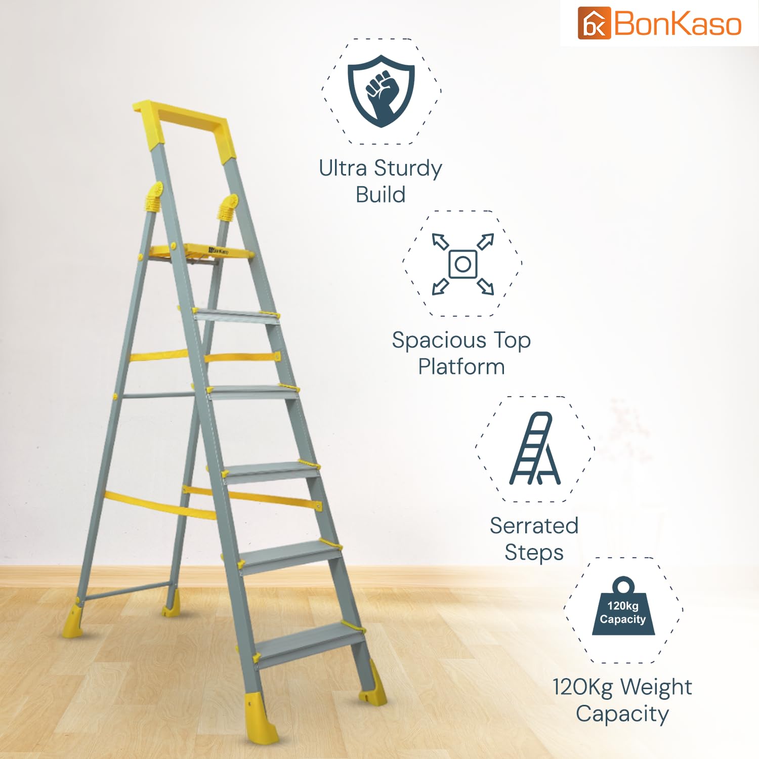 BonKaso Climb Lite Pro+ 6 Step - Foldable Ladder with Tool Tray (125W x 185H Cm)| Heavy-Duty, Anti-Slip & Firm Grip, Load Capacity Upto 120kg | Durable & Portable (Aluminium Steps, Yellow & Satin) — Amazon image 6
