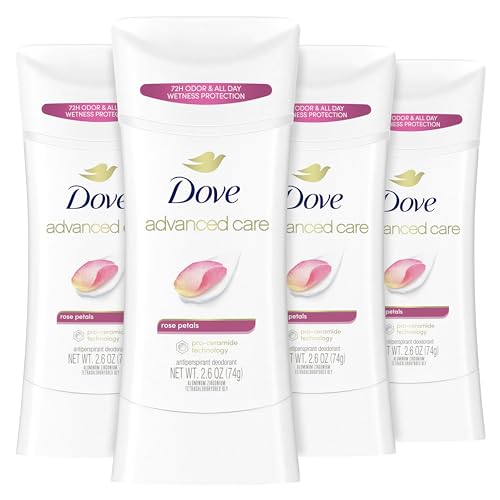 Dove Advanced Care Antiperspirant Deodorant Stick Rose Petals 4 Count for after shave care for underarms 72 hour odor control with all-day sweat protection stick for soft underarms 2.6 oz