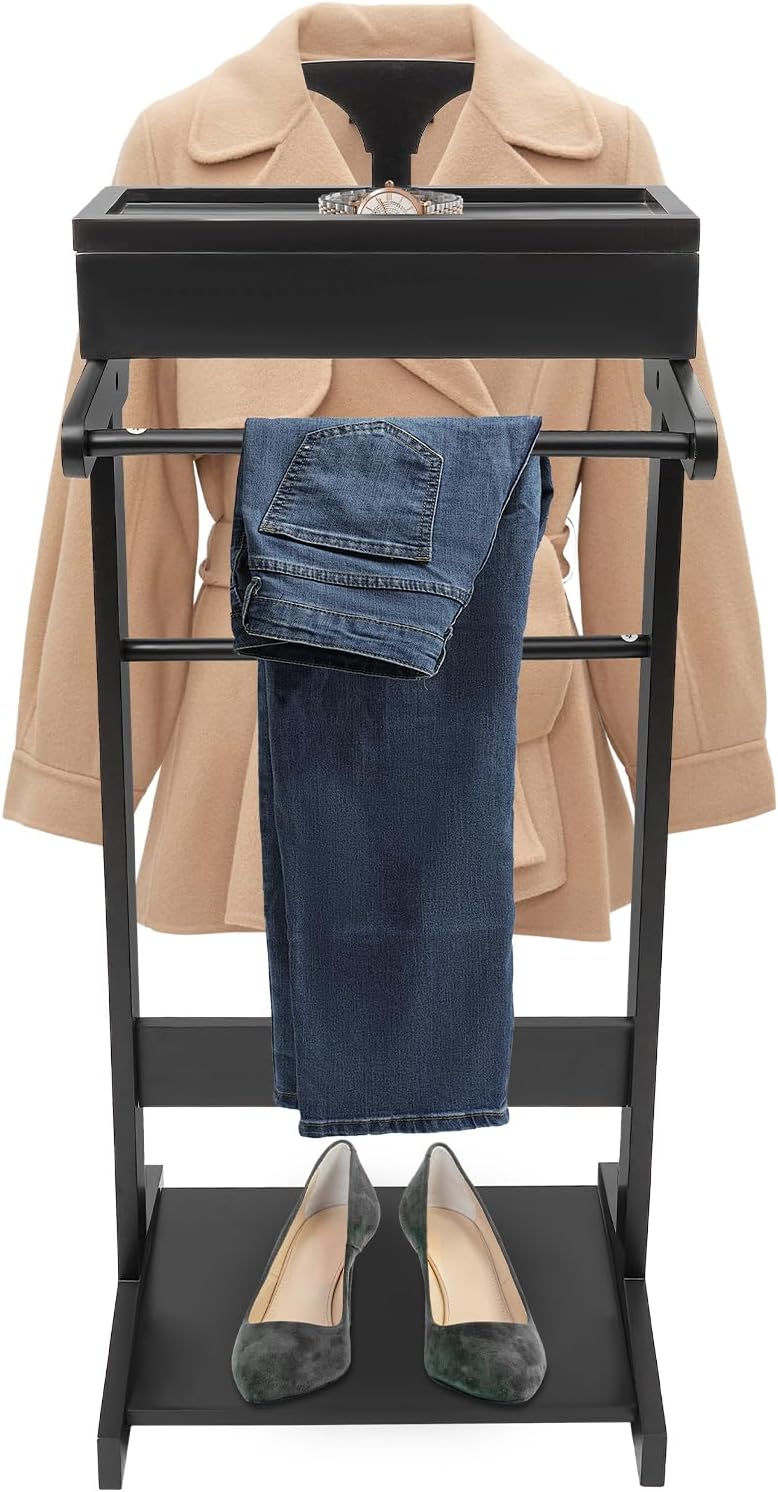 Wood Men Valet Stand Multifunction Clothes Valet Floorstanding Suit Stand Rack with Drawer & Shoe Rack for Bedroom, Entryway, Hotel, Home Office Use (Black)