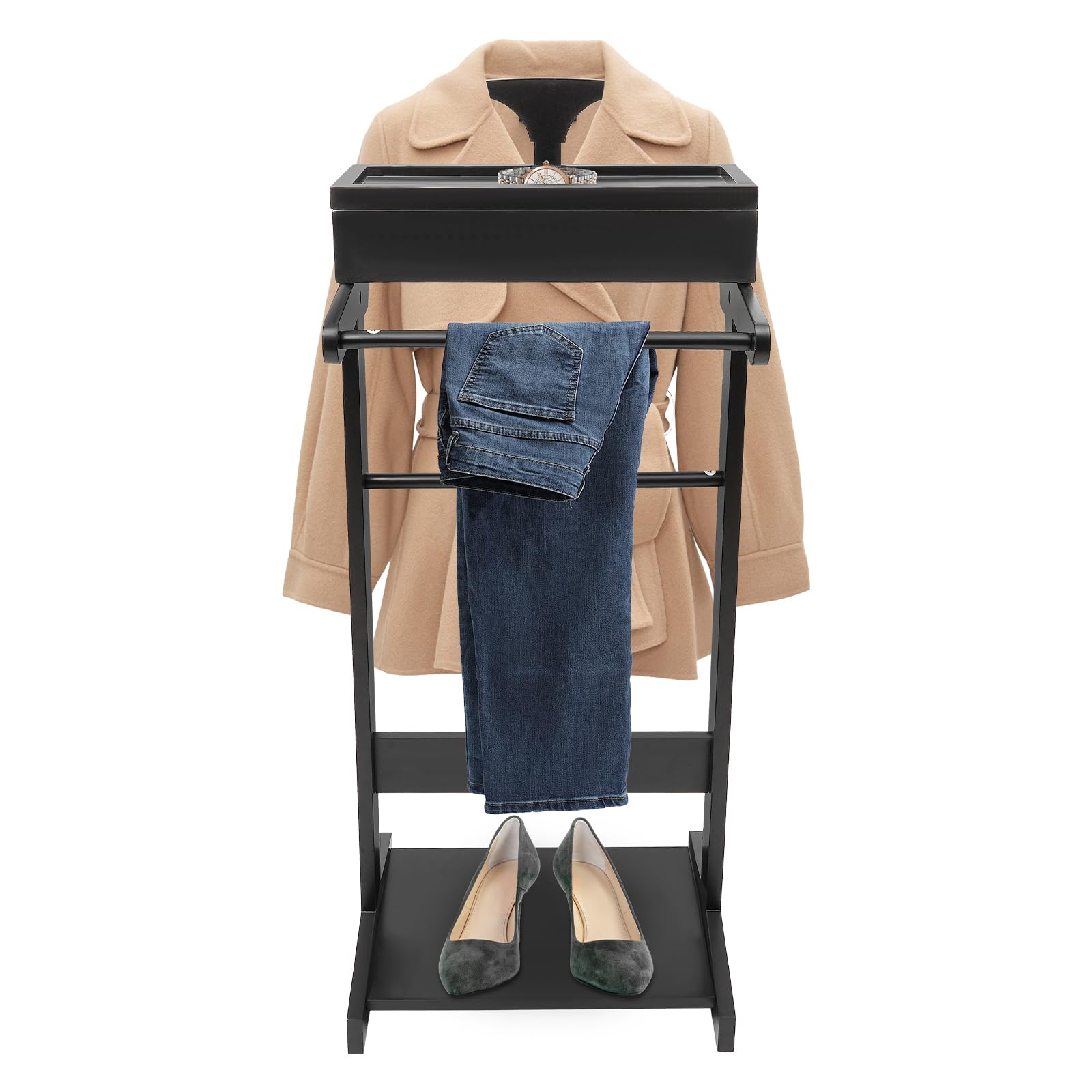 Wood Suit Rack Suit Stand for Man and Women Clothes Valet with Drawer Suit Valet Stands Men Valet Black Suit Valet for Entryway Office Living Room