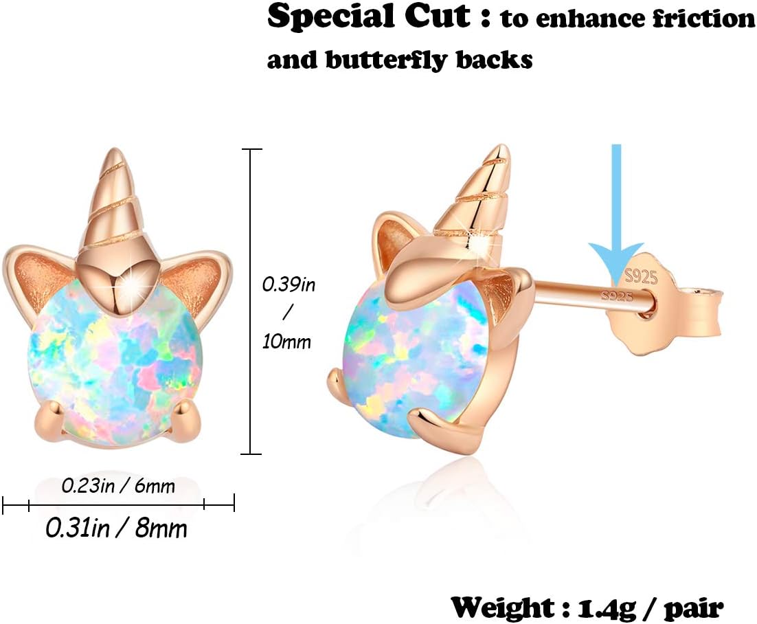 14K Rose Gold Plated Unicorn Earrings for Girls, Hypoallergenic S925 Sterling Silver Post Stud Earrings ARSKRO Fire Opal Mini Tiny Cute Animal Earring Jewelry Gifts for Kids - Image 6