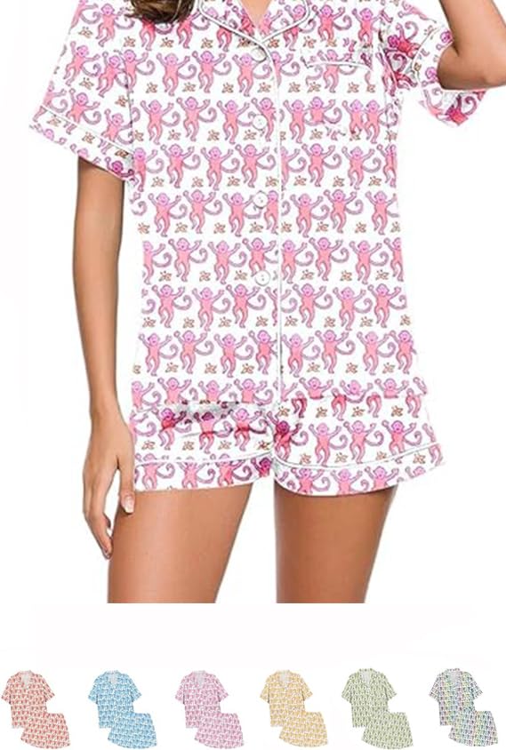 ENVGSOMP Womens Pajamas Set 2 Piece, Monkey Pyjama Pjs Girls Dress Nightgown Cute Animals Nightwear Lounge Y2k Sleepwear (pink,XX-Large)