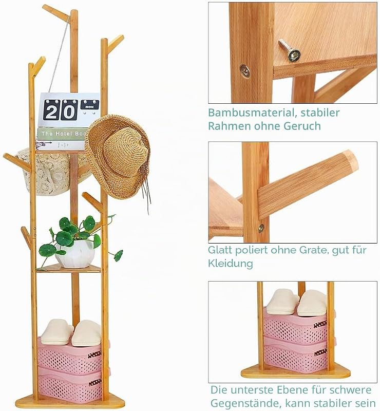 unho Bamboo Fa Alakú Ruhaállvány 8 Horgos 3 Polcos Kabátfal Előszobához