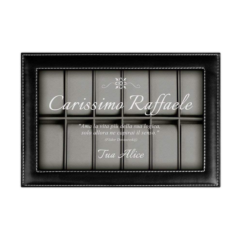 Maverton Cofanetto Porta Orologi e Gioielli con 12 scomparti e 1 cassetto - Custodia Orologi - Coperchio in vetro - Fodera in velluto - incisione personalizzata - regalo uomo - regalo di Natale - Vita