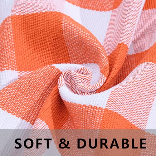 Fall Plaid Rug 28" x 43", Orange and White Buffalo Check Front Porch Outdoor Layered Doormat, Cotton Hand-Woven Washable Rug for Halloween Thanksgiving Autumn Decor
