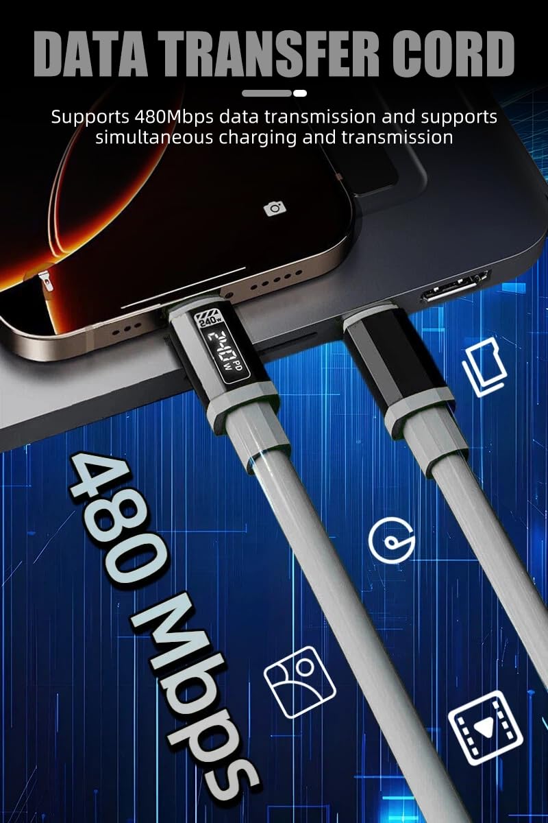 Cable USB C a C de 240 W para iPhone 17, cable de carga rápida, silicona flexible [5 pies, paquete de 2] cable de carga tipo C E-Marker [gris]