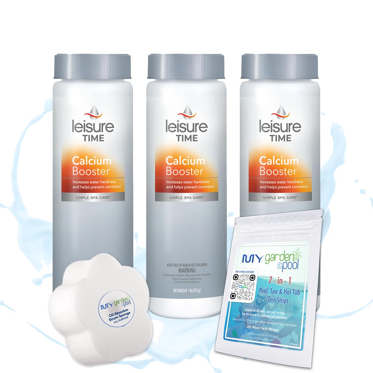 Leisure Time Calcium Booster 3 LB (1 LB x 3 pc) with My Garden Pool 20 Ct. Test Strips & Scum Sponge Flower Oil-Absorbing Sponge for Hot Tubs and Pools - IQ, Smart Pool AI Assistant! (3)