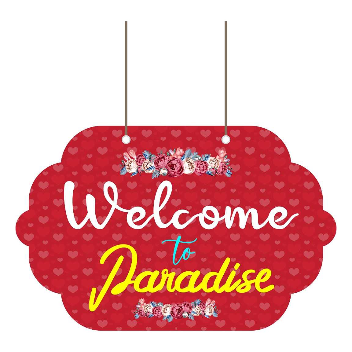 KREEPO Beautiful Floral Printed Welcome to Our Paradise Wooden Wall Or Front Door Hanging Sign Board for Home Décor Size (11.5inchesx7inches)