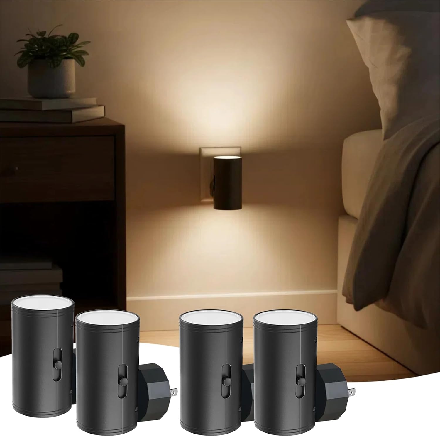 TSEXES 4 Pack LED Night Light Plug in Dusk to Dawn Sensor 5-300LM Adjustable Brightness Soft White 3000K